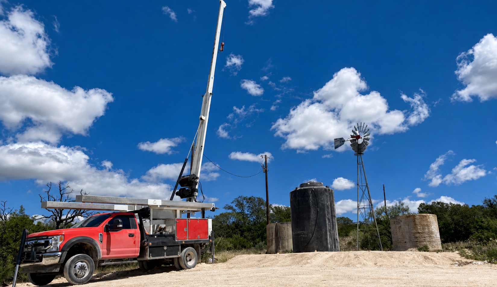 Rocksprings Well Service truck beside ranch water tanks and a windmill in Edwards County, Texas